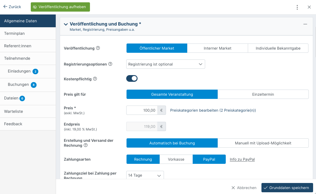 Publishing and booking settings for course/webinar